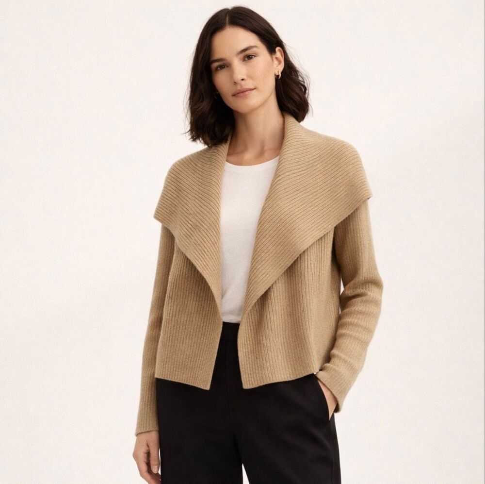 Eileen Fisher 100% Merino Wool Ribbed Shawl Collar Cropped Cardigan Tan S